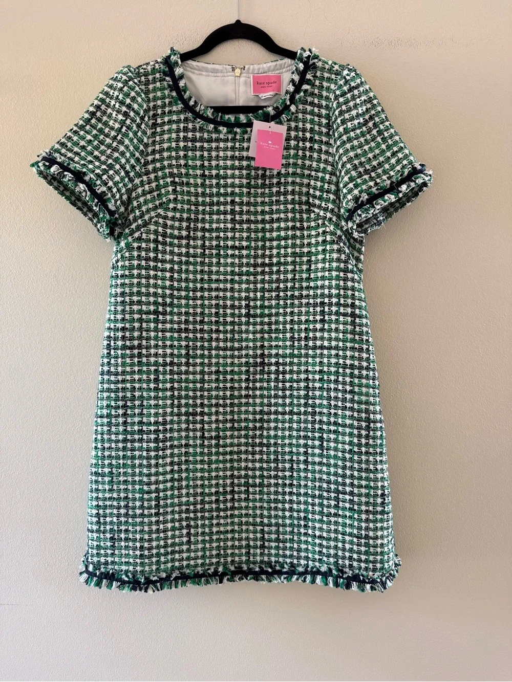 Kate Spade NY Tea Time Green and White Tweed Midi Dress with Navy Trim NEW